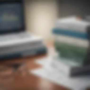 Books stacked on a desk with financial graphs