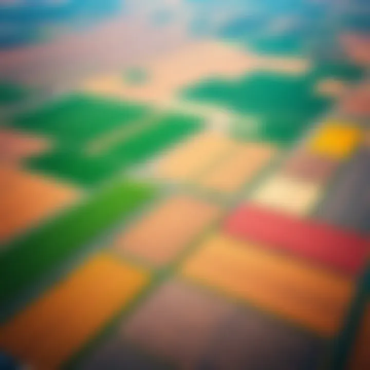 Aerial view of a vast agricultural landscape showcasing diverse crops
