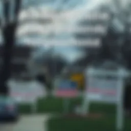 An overview of a neighborhood with pre-foreclosure signs