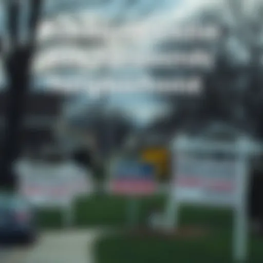 An overview of a neighborhood with pre-foreclosure signs