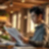 Conceptual illustration of a young investor reviewing financial documents