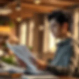 Conceptual illustration of a young investor reviewing financial documents