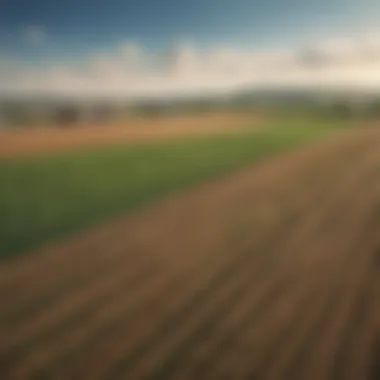 A farm with various crops under a clear sky